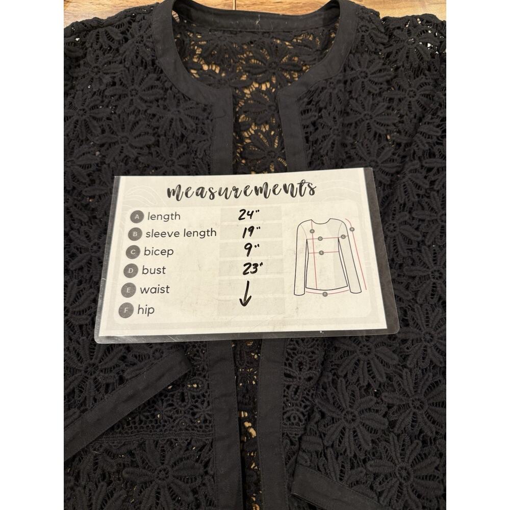 Women Black Crochet Lace Shrug Open Cardigan Knitted 3/4 Sleeve Boho Sz M/L - Picture 7 of 7